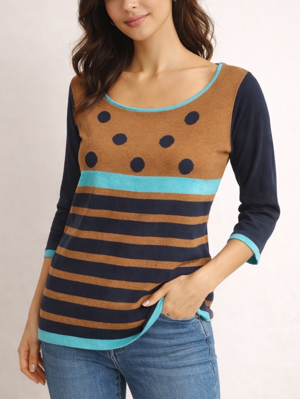 Marble Cotton Knit Top Colorblock Polka Dot Stripe Art Teacher Style M 12 US